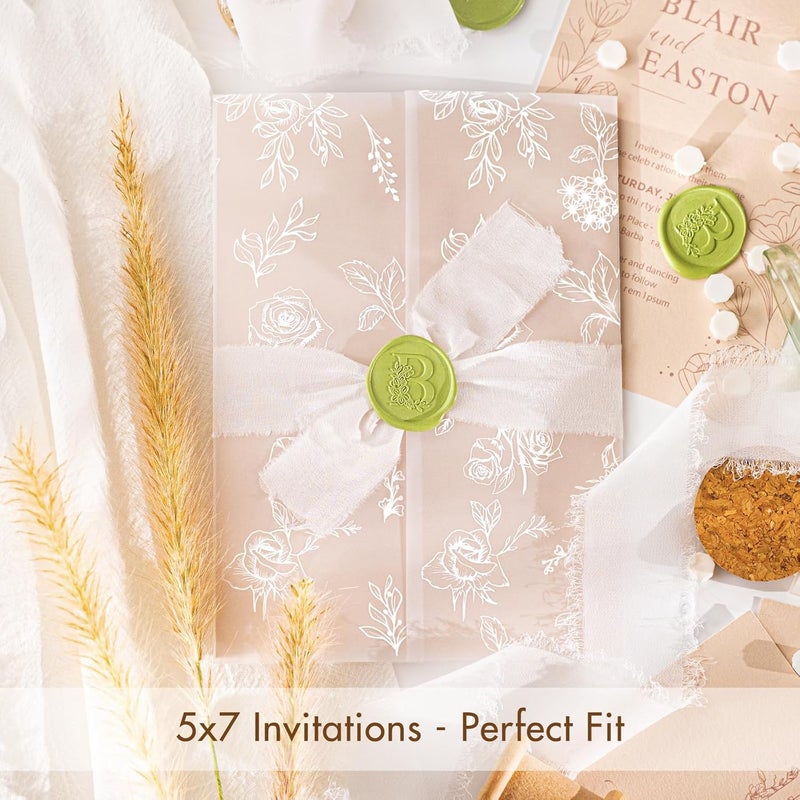 AZAZA 50 Pack Pre-Folded Vellum Jackets for 5x7 Invitations, Translucent Invitation Sleeves,115GSM Vellum Jackets 5x7, Wedding Invitation Accessories,for Weddings Birthdays,Botanical Flower Pattern - Image 4